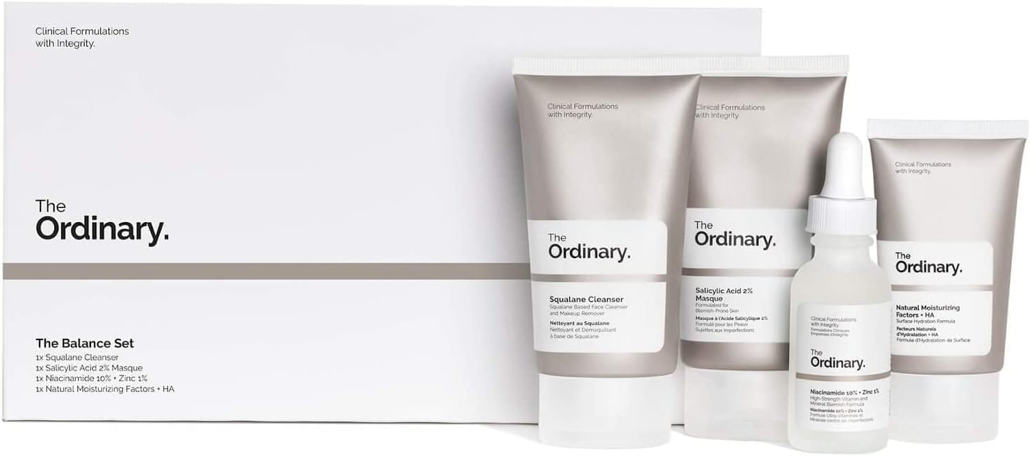 The Ordinary The Balance Set – Beauty Set, Skincare Set, Gift Set with Squalane Cleanser, Salicylic Acid 2% Masque, Niacinamide 10% and Zinc 1% and Natural Moisturizing Factors and HA (4 Piece Set)