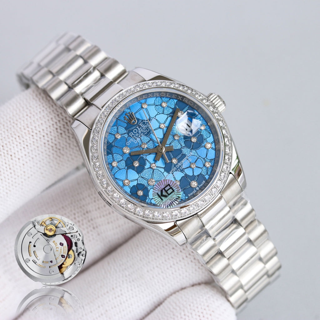 Rolex Oyster Datejust  Blue Floral Feminino Automático